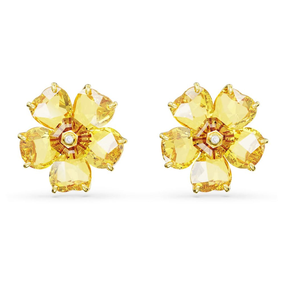 Yellow Flower Crystal Stud Earrings Gold, mỗi chiếc là bông hoa năm cánh ghép từ đá màu vàng hình trái tim
