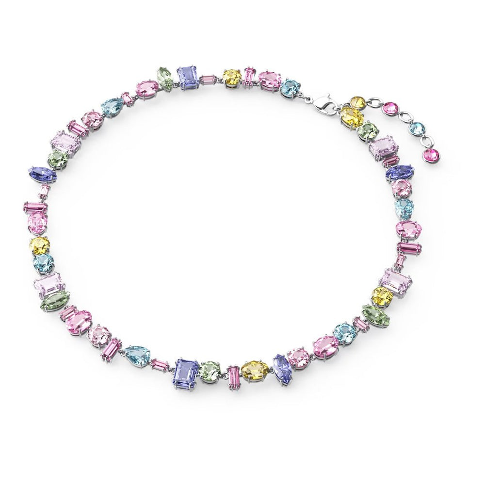 Pastel Gema Mixed Cut Crystals Necklace Silver, chuỗi đá nhiều màu nhạt hồng