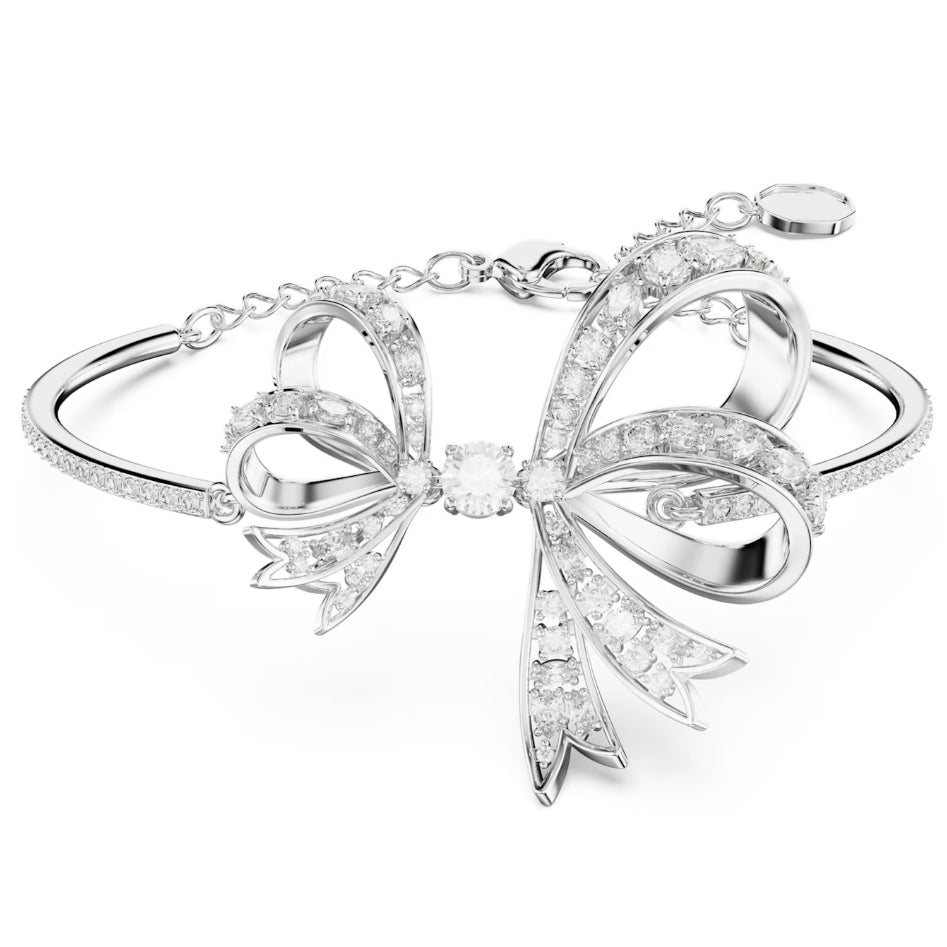 White Volta Bangle Bow Bracelet Silver, nơ lớn với hai quai và hai dải đuôi phủ đá