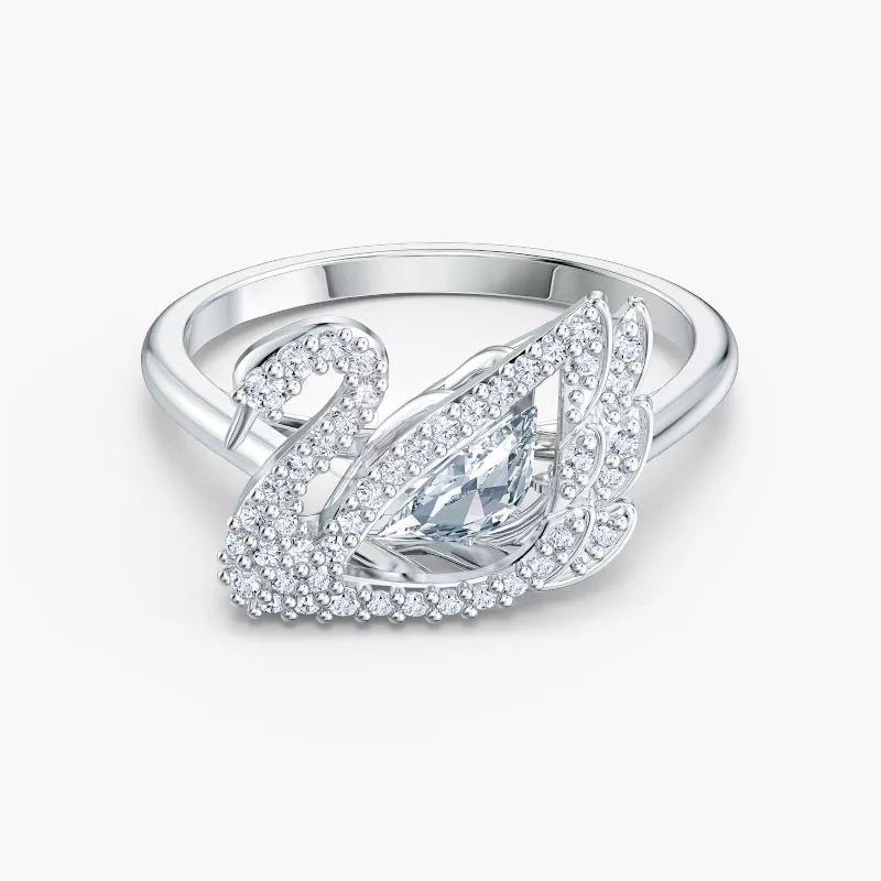 Dancing Swan Ring for Women Silver, nhẫn gắn thiên nga phủ đá trắng