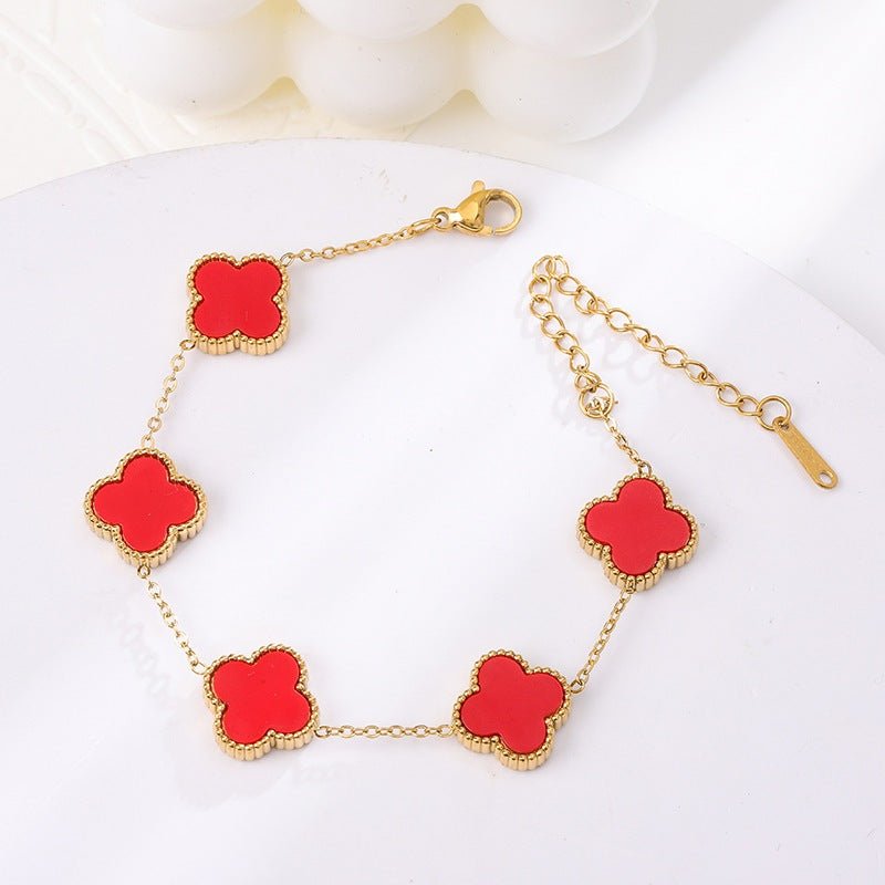 Lucky Four Leaf Flower Bracelet Gold Red