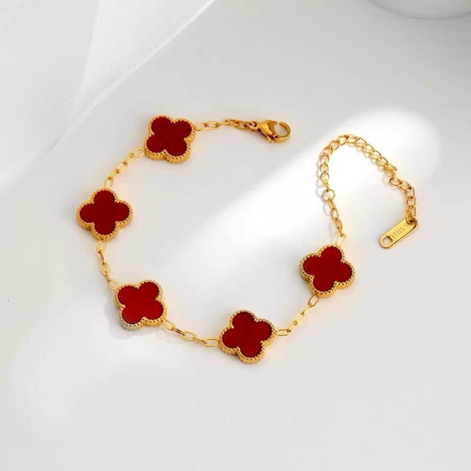 Lucky Four Leaf Flower Bracelet Gold Red