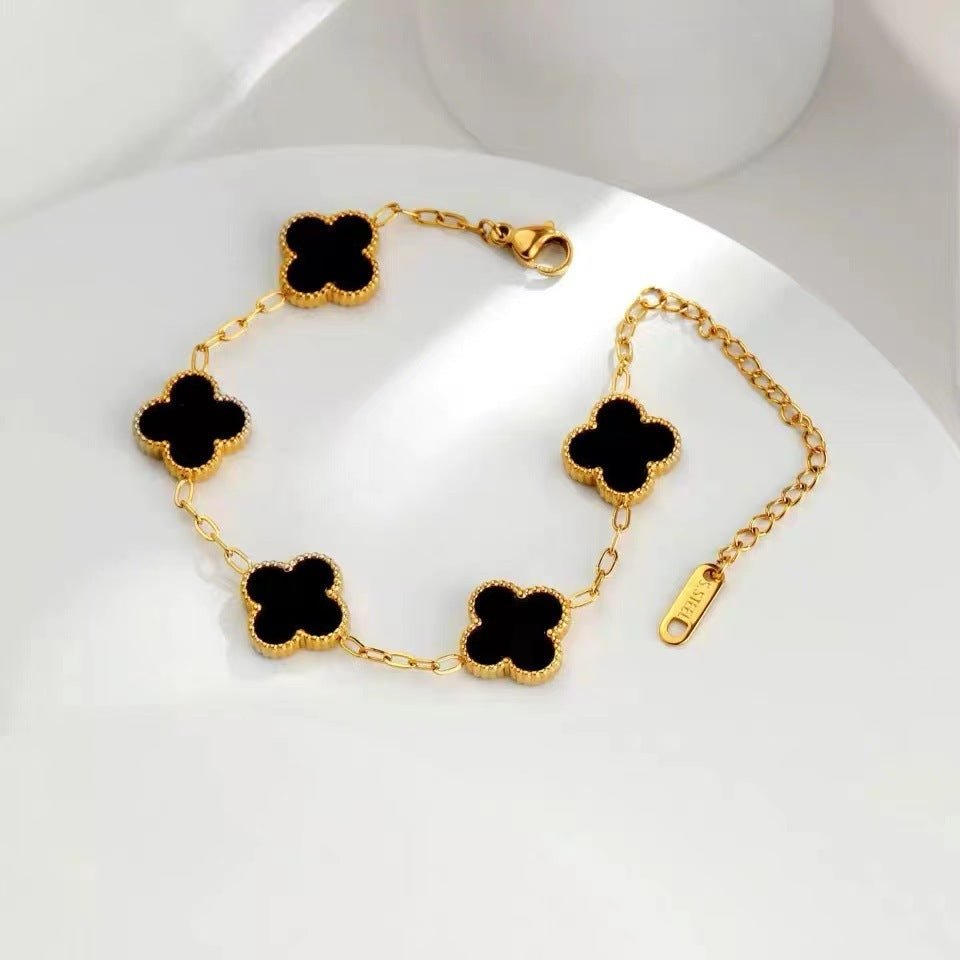 Lucky Four Leaf Flower Bracelet Gold Black