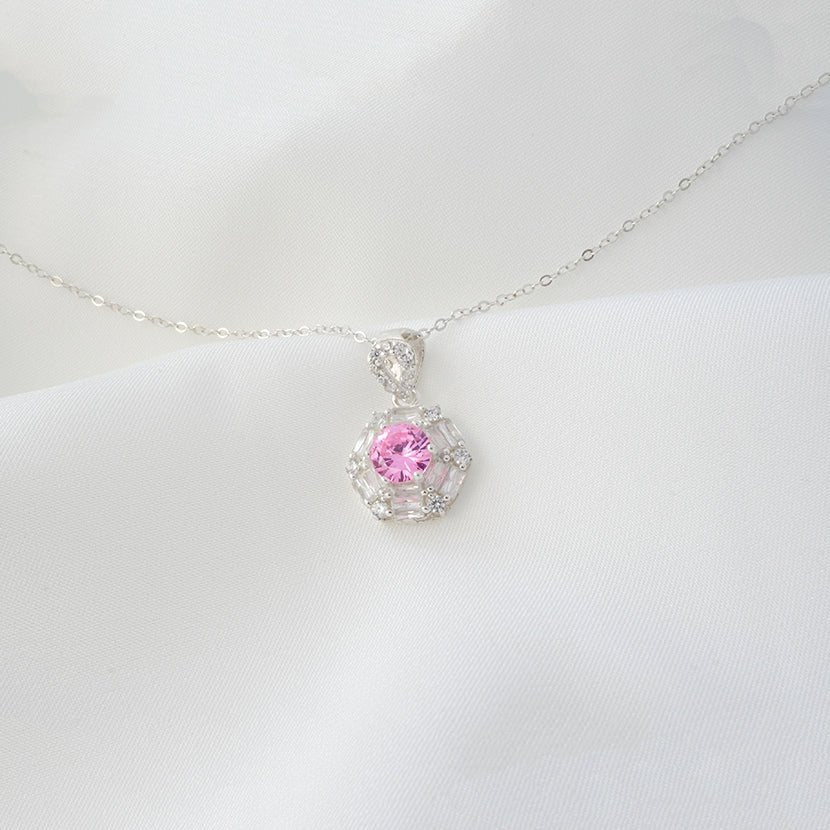 Sparking Pink Crystal Moonstone Necklace Silver
