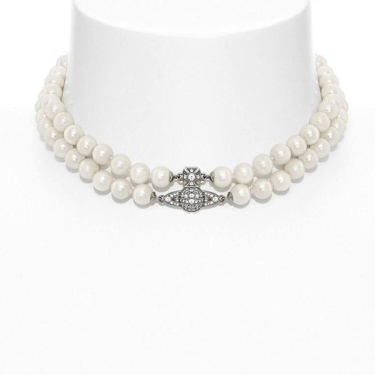 Graziella Pearl Choker Necklace Silver, vòng cổ ôm sát gồm hai chuỗi hạt tròn trắng