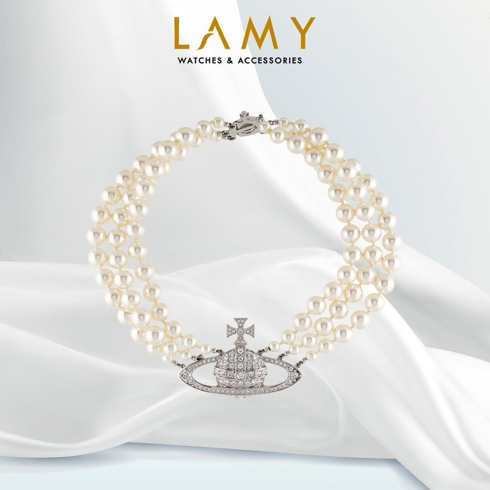 Pearl & Crystal Three Row Bas Relief Choker Necklace Silver - 6199SV