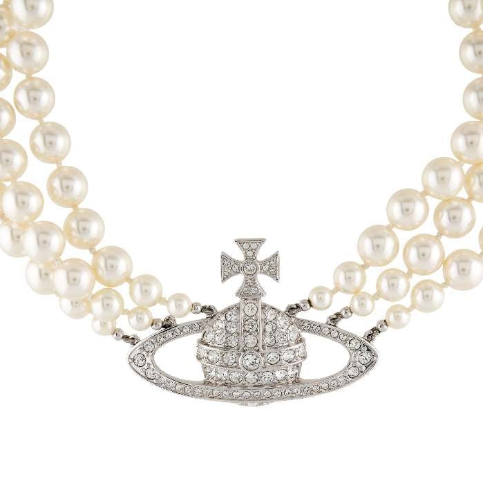 Pearl & Crystal Three Row Bas Relief Choker Necklace Silver - 6199SV