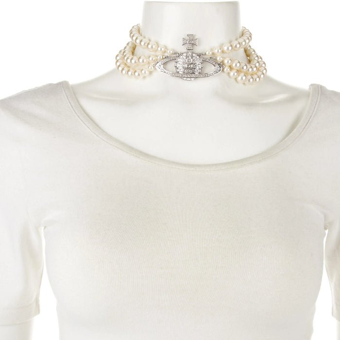 Pearl & Crystal Three Row Bas Relief Choker Necklace Silver - 6199SV