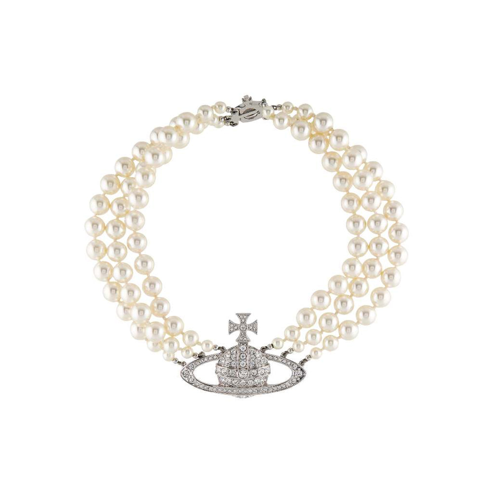 Pearl & Crystal Three Row Bas Relief Choker Necklace Silver, vòng cổ ba chuỗi hạt tròn trắng