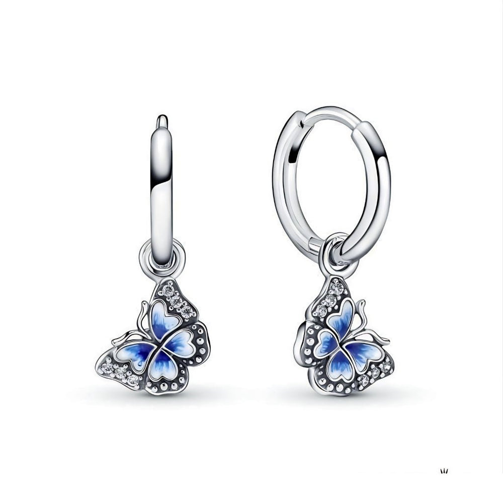 Earrings Silver Sparkling Blue Butterfly, khuyên tròn nhỏ treo một con bướm cánh xanh lam viền hạt