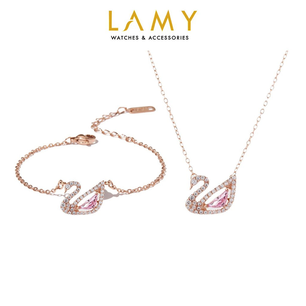 Crystal Swan Necklace & Bracelet Set Rose Gold Pink