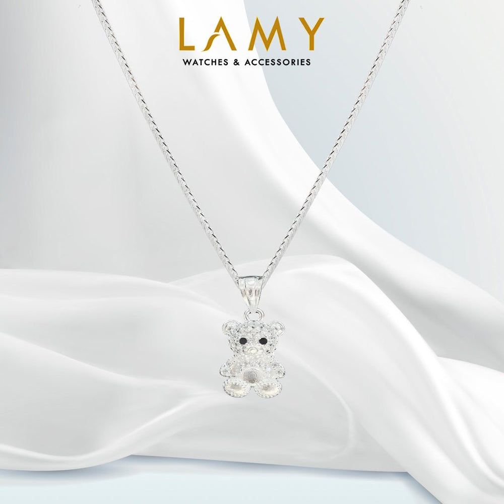 Tiger Teddy Necklace Silver, chú gấu bông ngồi phủ đá trắng