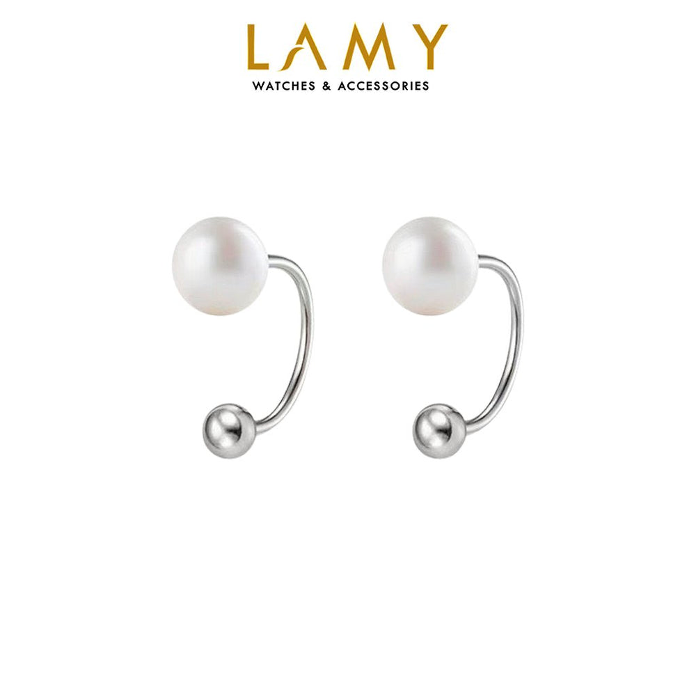 Faux Pearl Screw Lock C-shaped Earrings Silver