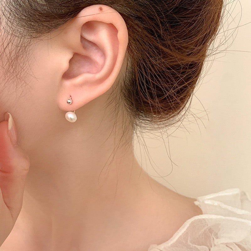 Faux Pearl Screw Lock C-shaped Earrings Silver