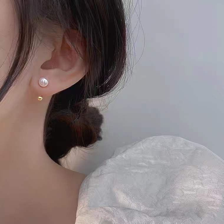 Faux Pearl Screw Lock C-shaped Earrings Silver, thanh cong chữ C ôm dái tai