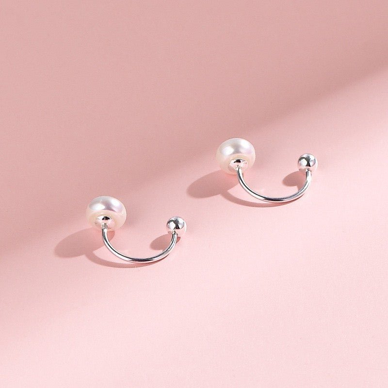 Faux Pearl Screw Lock C-shaped Earrings Silver