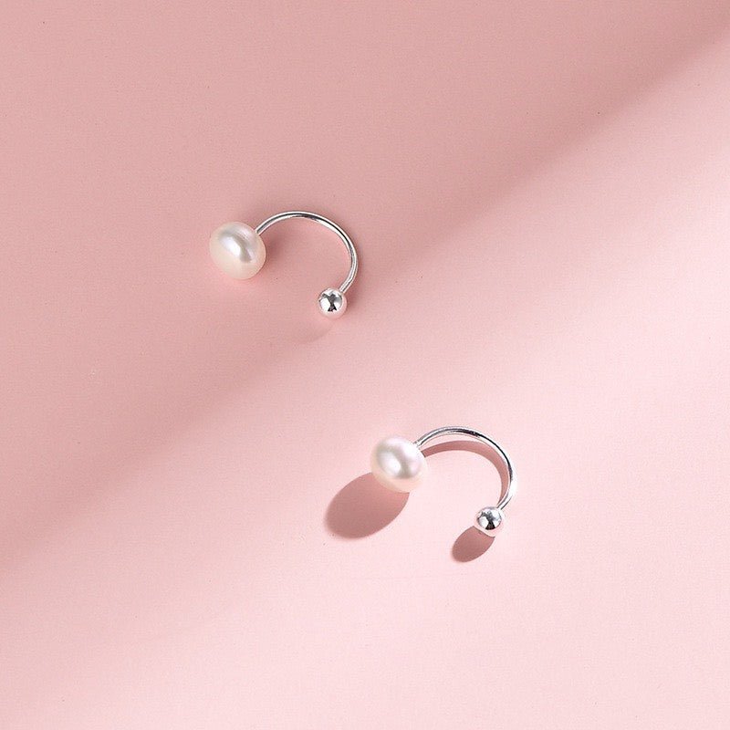 Faux Pearl Screw Lock C-shaped Earrings Silver