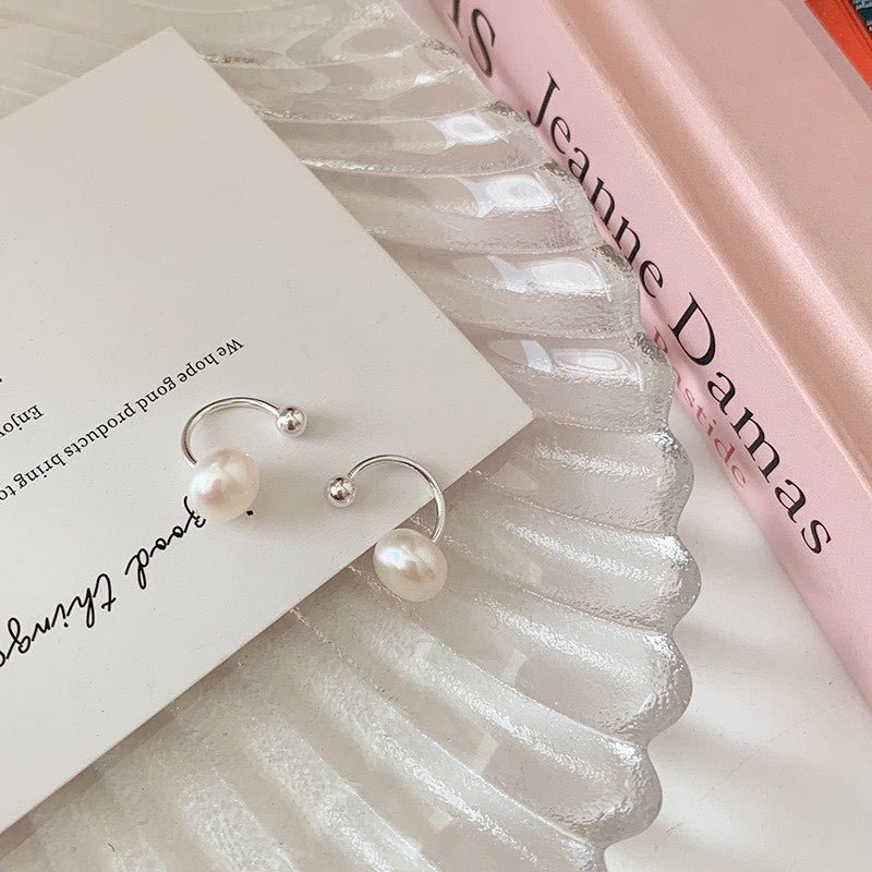 Faux Pearl Screw Lock C-shaped Earrings Silver