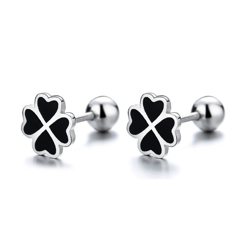 Lucky Black Four Leaf Clover Earrings Silver