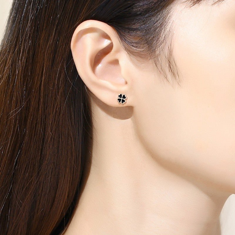 Lucky Black Four Leaf Clover Earrings Silver