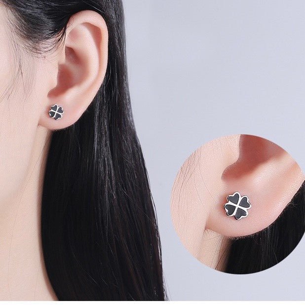 Lucky Black Four Leaf Clover Earrings Silver