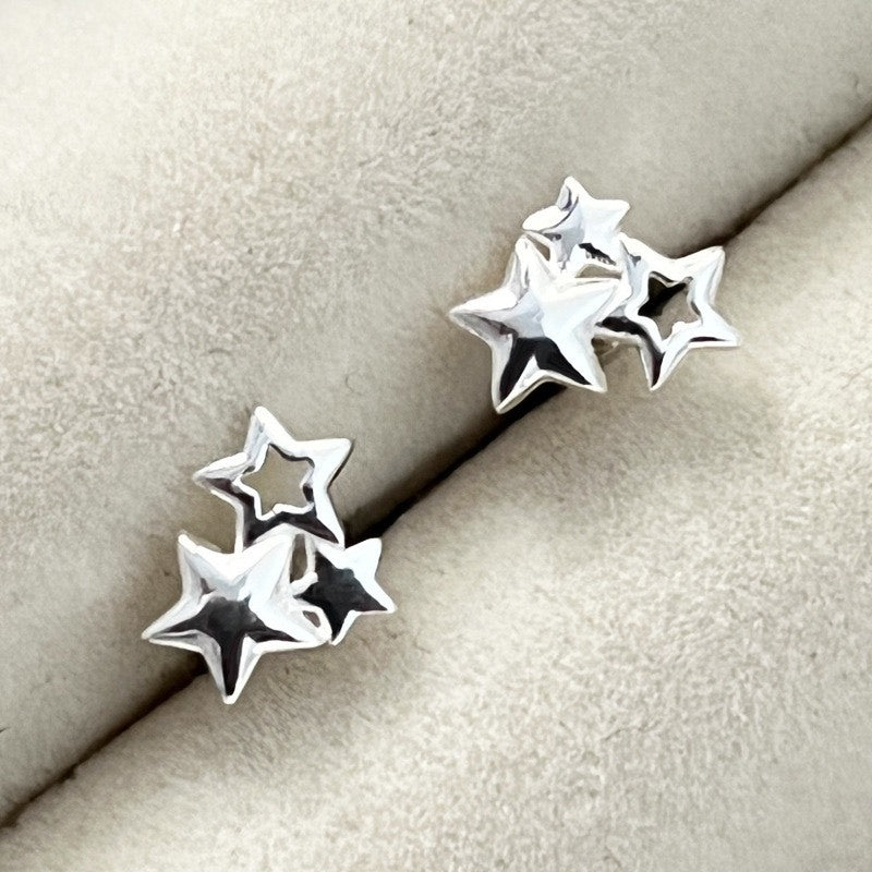 Sterling Silver Trio Star Stud Earrings