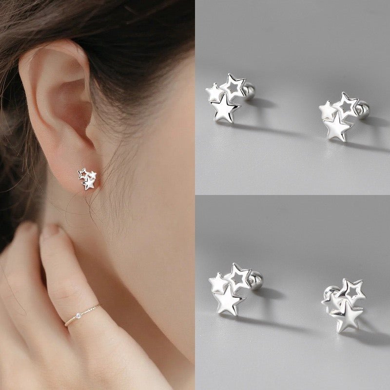 Sterling Silver Trio Star Stud Earrings