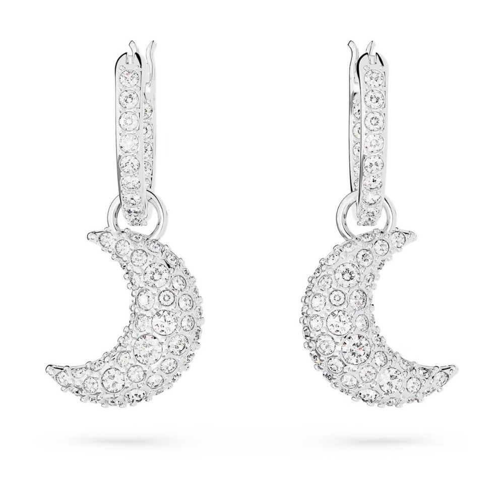 Luna Drop Moon Earrings White, khuyên nhỏ phủ đá treo một vầng trăng khuyết phủ kín đá trắng