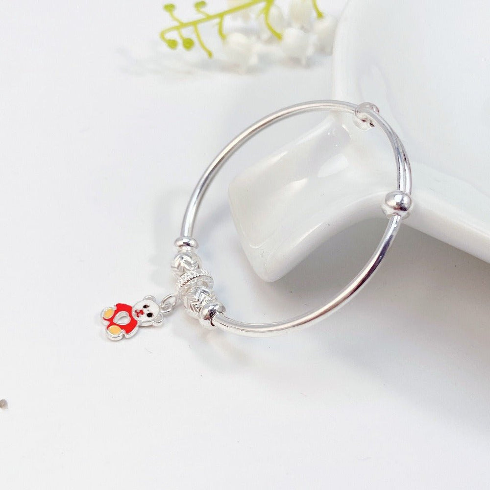 Adorable Bear Anklet Silver, vòng trơn bản tròn có hạt chặn