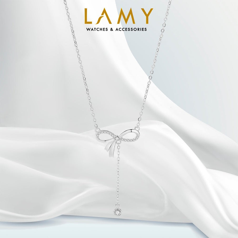 Teardrop-shaped Bow Necklace Silver, dây chữ Y gắn nơ viền đá mảnh