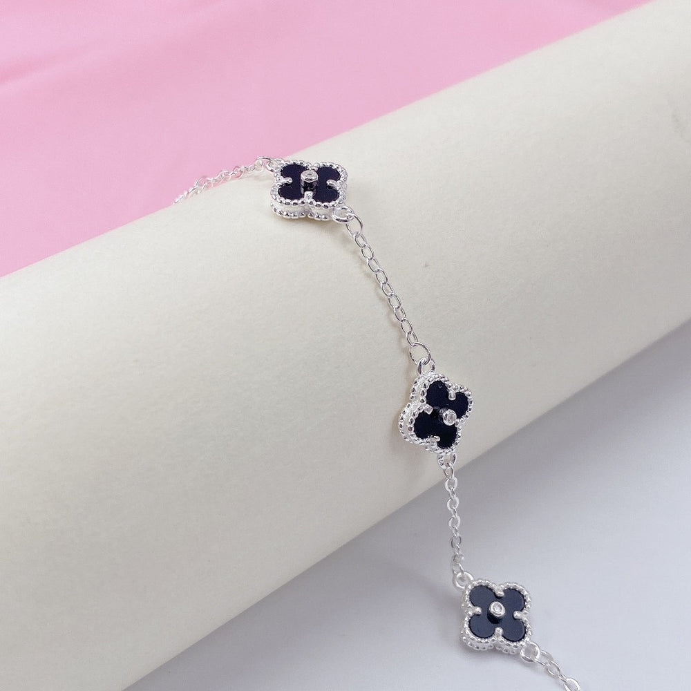Four Leaf Clover Silver with Stones Bracelet