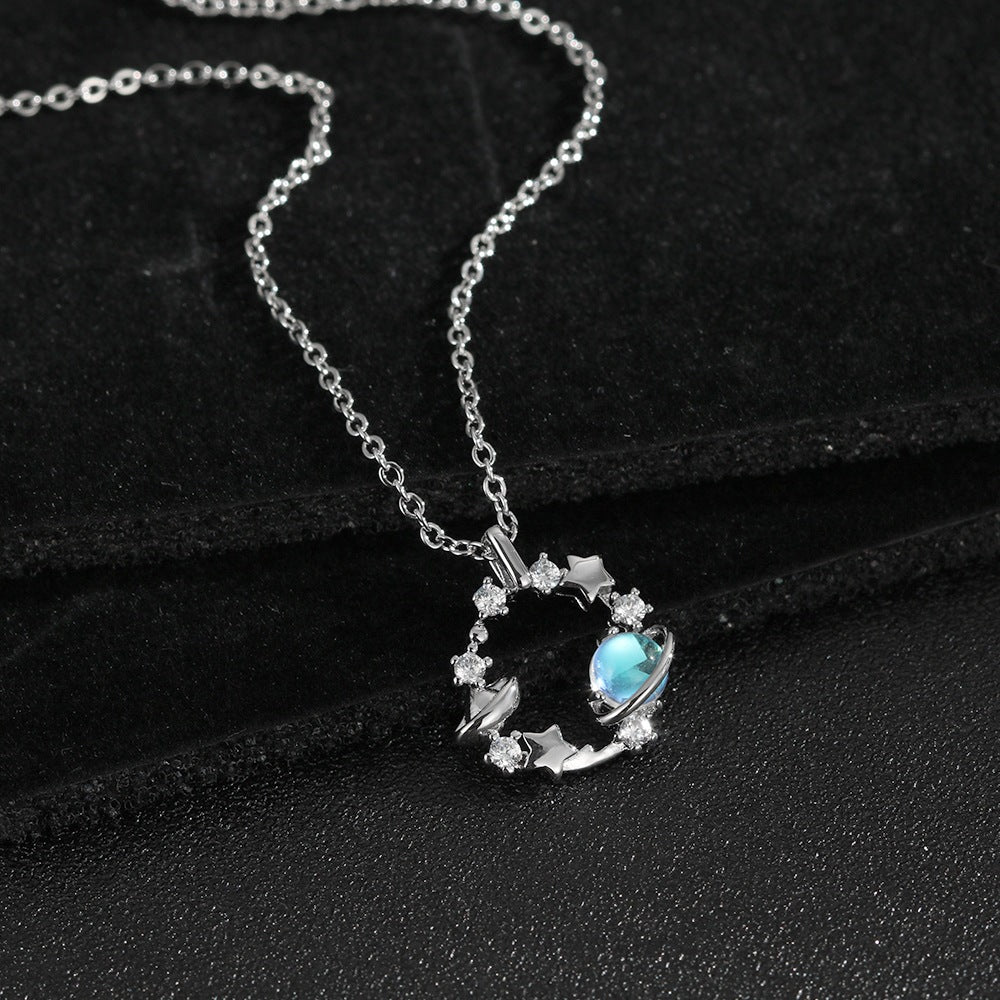 Star Moonstone Planet Necklace Silver - 6328SV