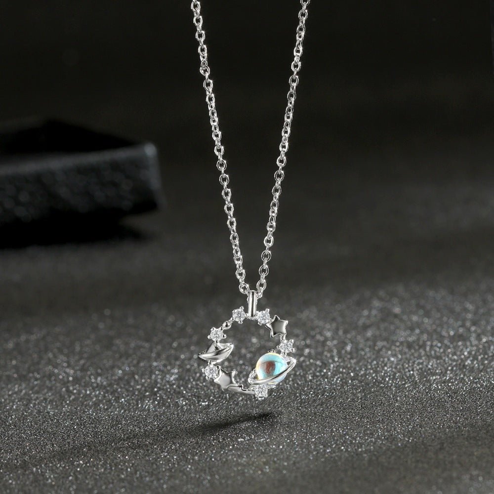 Star Moonstone Planet Necklace Silver - 6328SV