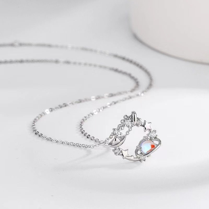 Star Moonstone Planet Necklace Silver - 6328SV