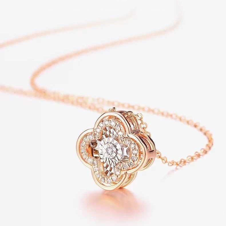 Clover Natural South Africa Diamond Necklace Silver, mặt cỏ bốn lá viền hai lớp đá nhỏ
