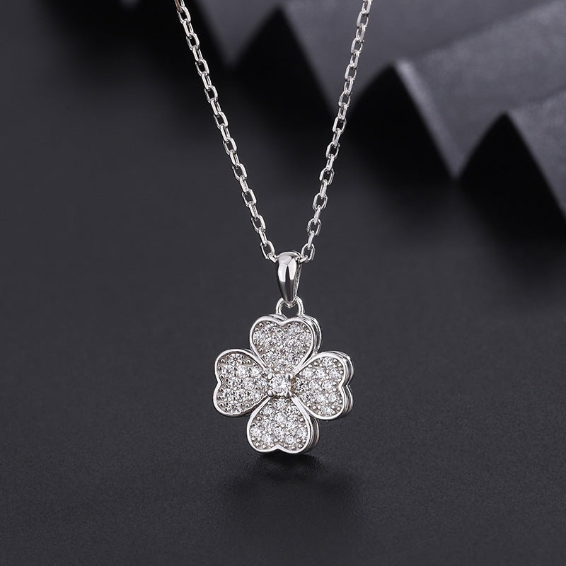 Rotating Four-Leaf Clover Necklace Bracelet Silver - 6297SV