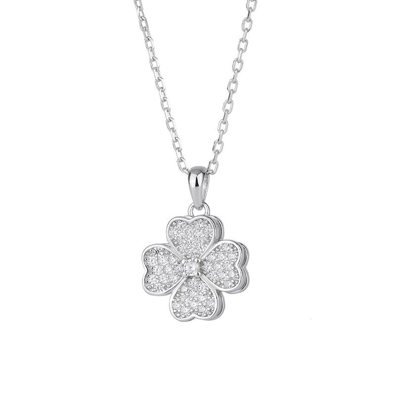 Rotating Four-Leaf Clover Necklace Bracelet Silver, mặt cỏ bốn lá ghép từ bốn trái tim phủ kín đá