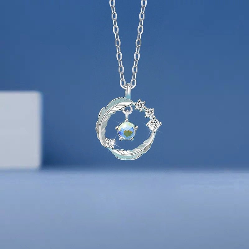 Sparkling Feather Necklace Silver Blue - 6076BE