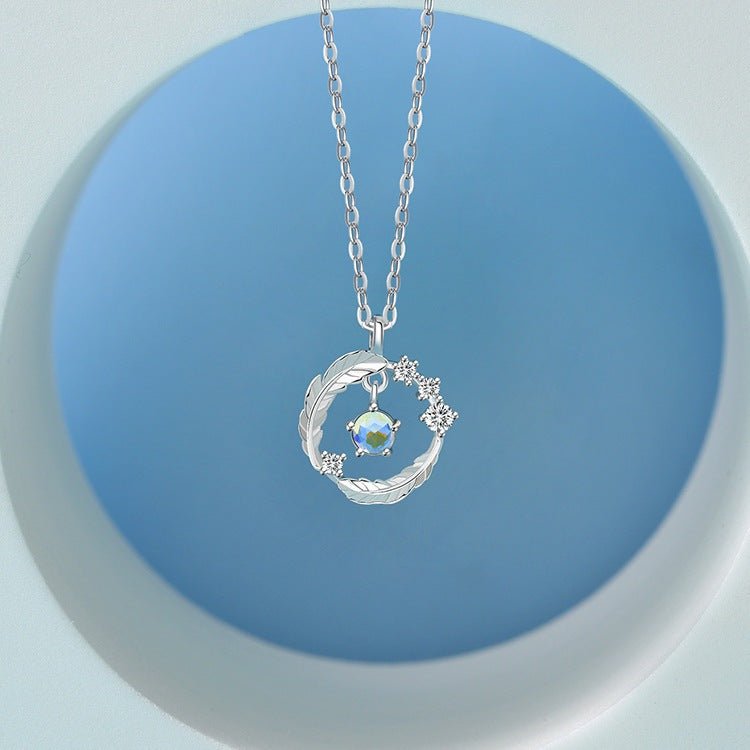 Sparkling Feather Necklace Silver Blue - 6076BE