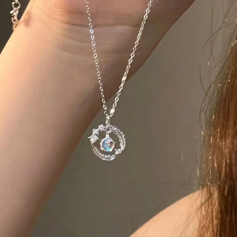 Sparkling Feather Necklace Silver Blue - 6076BE