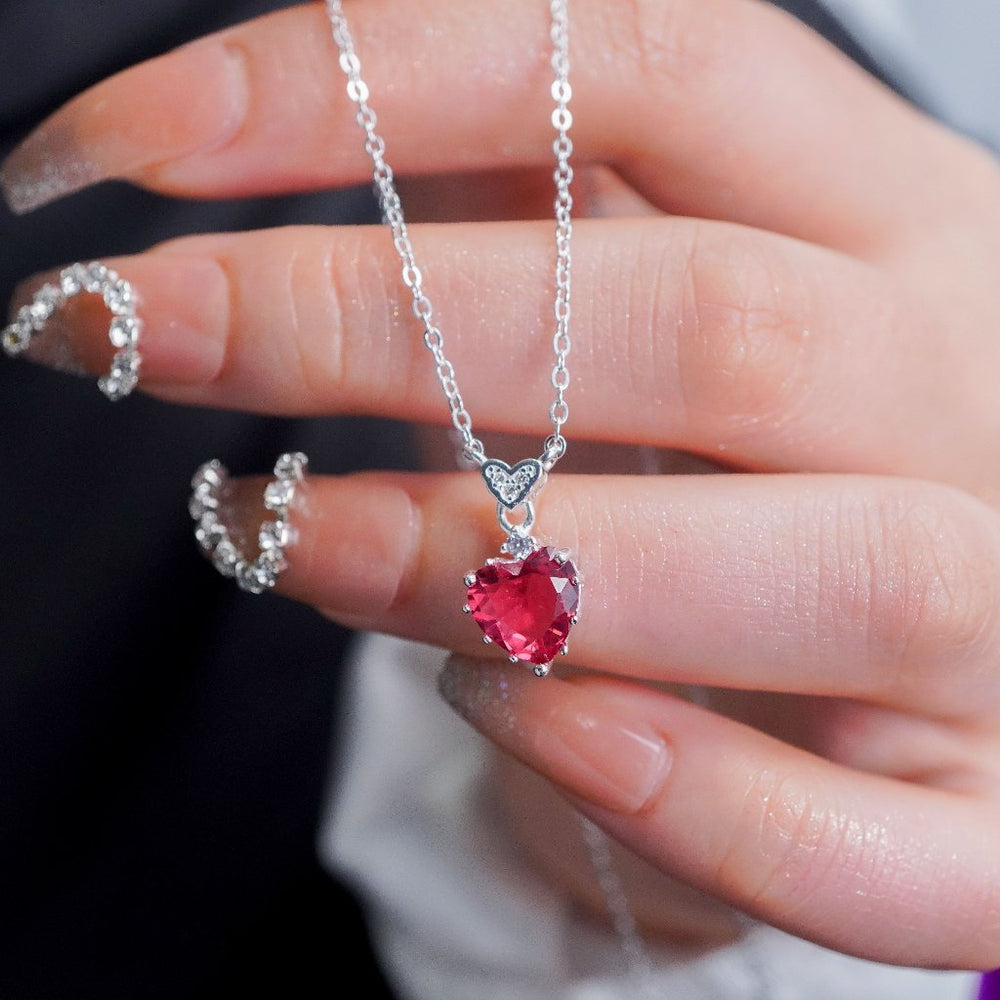 Radiant Heart Necklace Silver Red