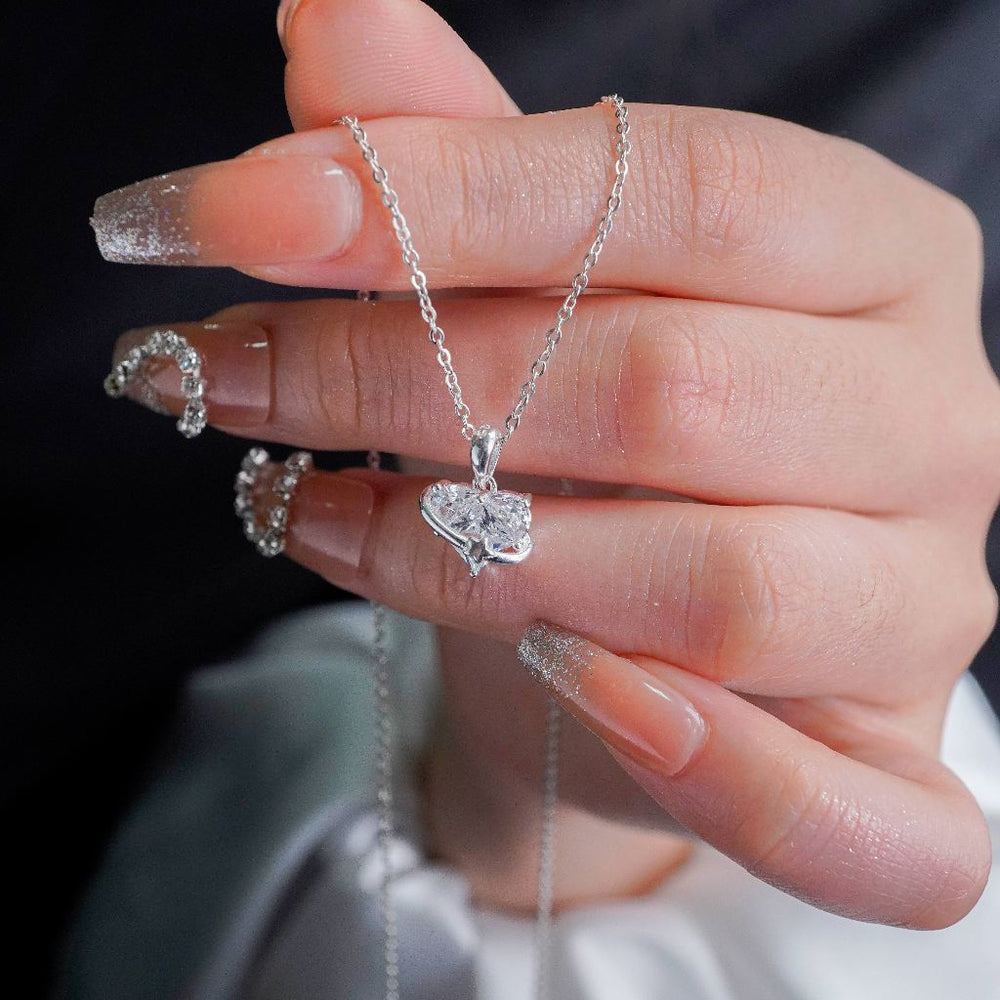Crystal Love Heart Charm Necklace Silver, mặt trái tim phủ đá nhỏ