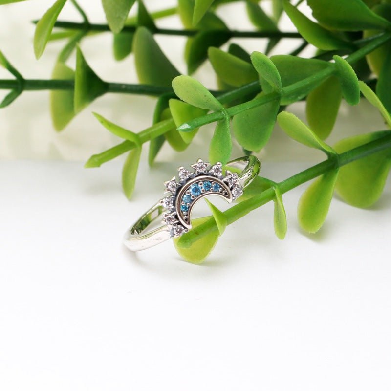 Celestial Blue Sparkling Moon Ring Silver