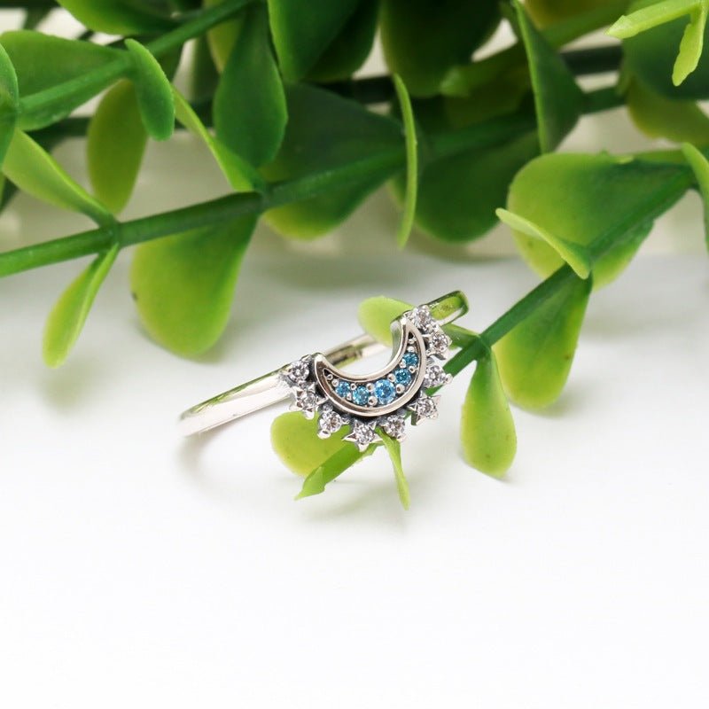 Celestial Blue Sparkling Moon Ring Silver