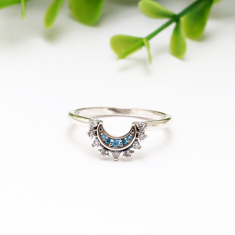 Celestial Blue Sparkling Moon Ring Silver