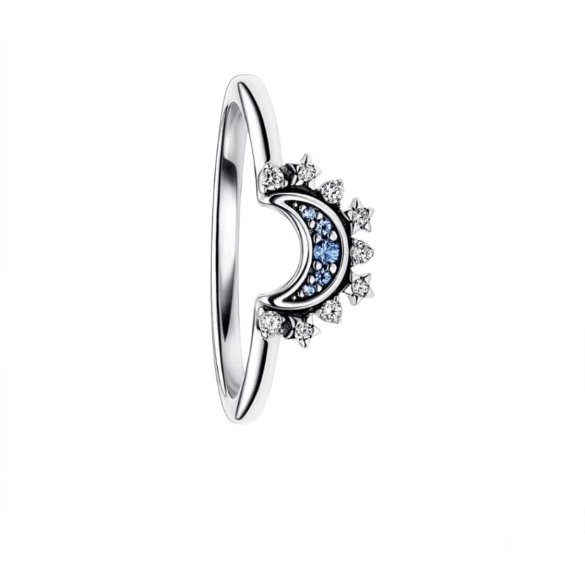 Celestial Blue Sparkling Moon Ring Silver, đai nhẫn mảnh gắn vầng trăng khuyết phủ đá xanh