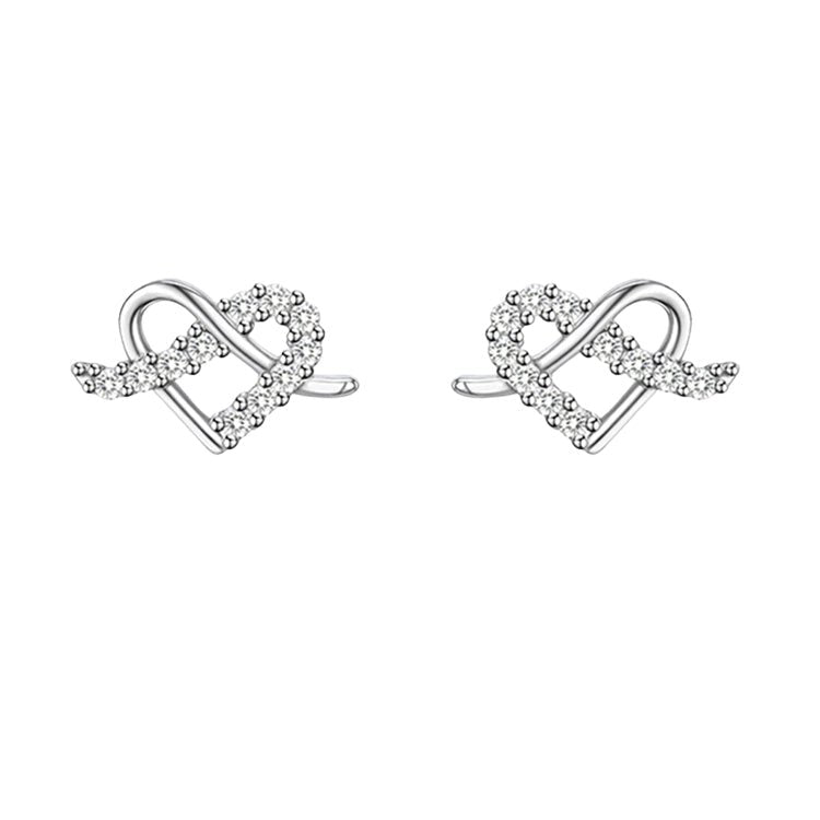 Infinity Heart Earrings Silver, mỗi chiếc là trái tim viền đá lồng với một vòng vô cực nằm ngang