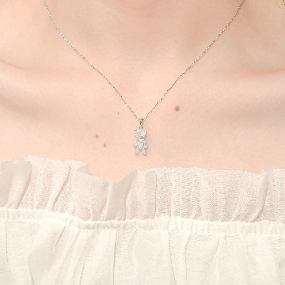 Crystal Teddy Bear Children Necklace Silver