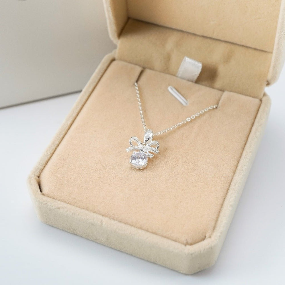 Bow Water Droplet Pendant Necklace Silver, mặt nơ đính đá nhỏ