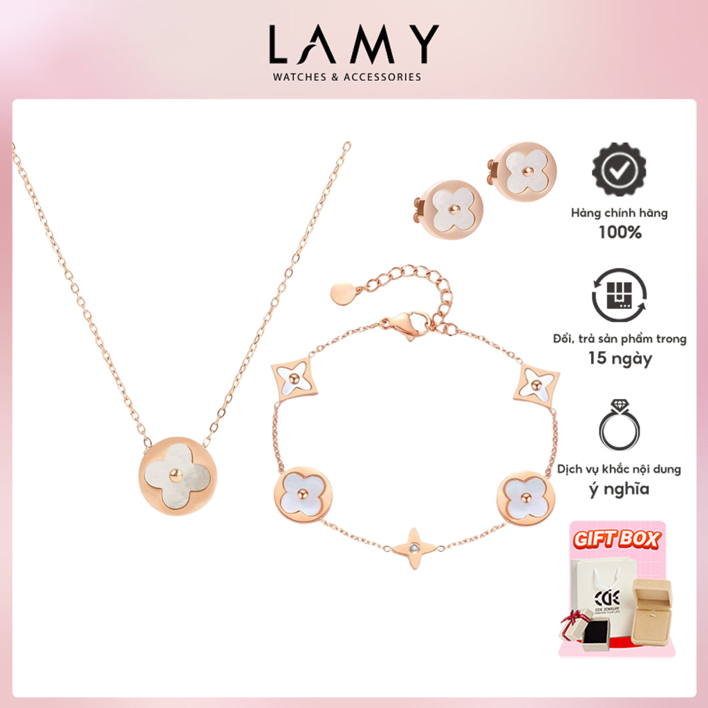 CDE Jewelry Gift Set Necklace Bracelet Earrings Lucky Leaves Rose Gold